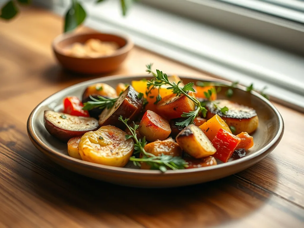 Seasonal bistro plate with roasted vegetables and herbs