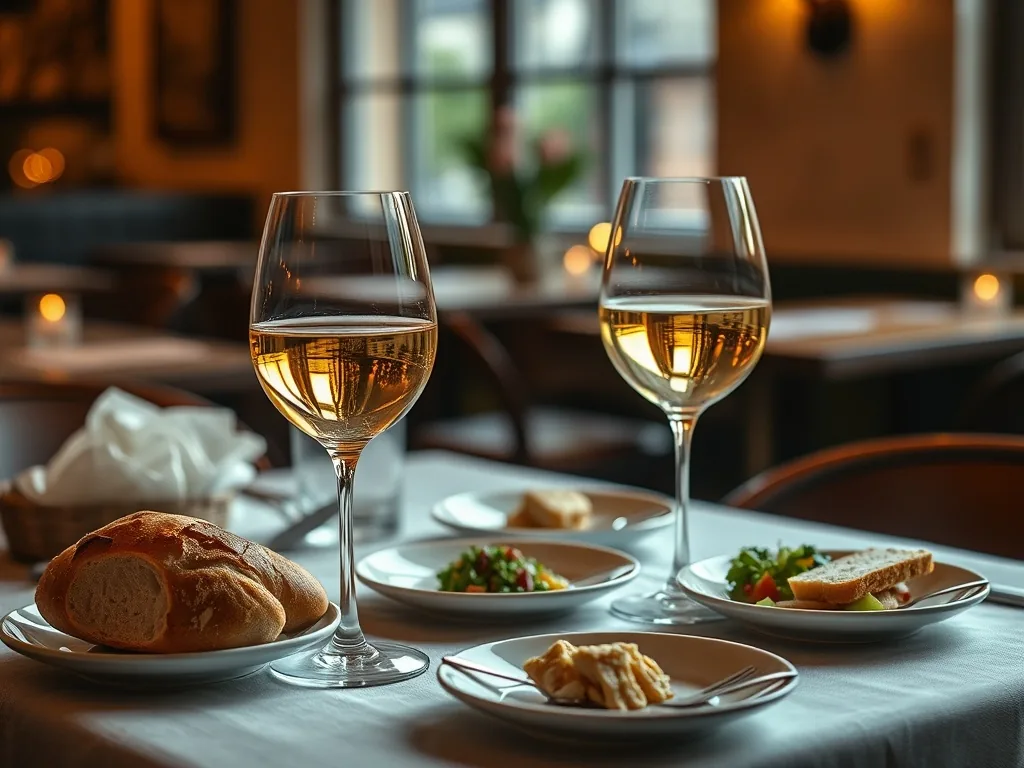 Bistro table with wine glasses, bread and candlelight